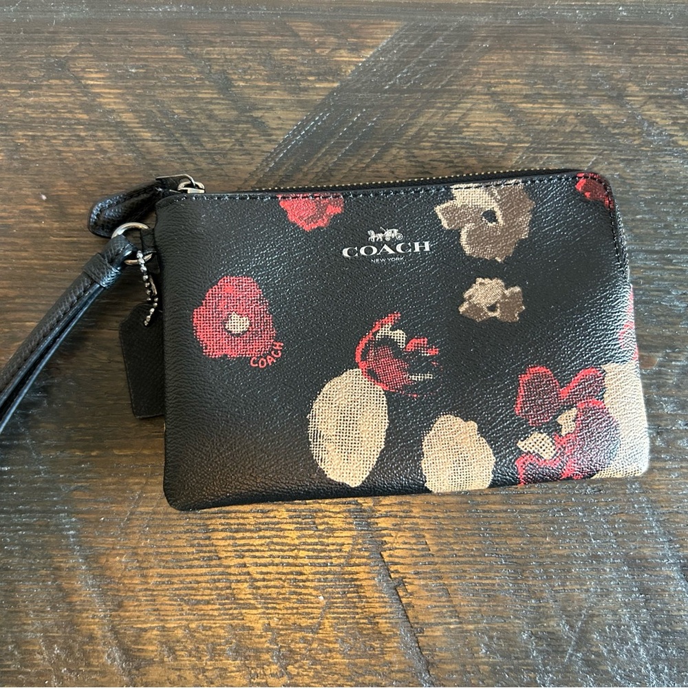 Coach Black and Red Floral Wristlet